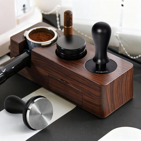 Dioomod stainless steel tamper detail emphasizing wipe-clean and rust resistance