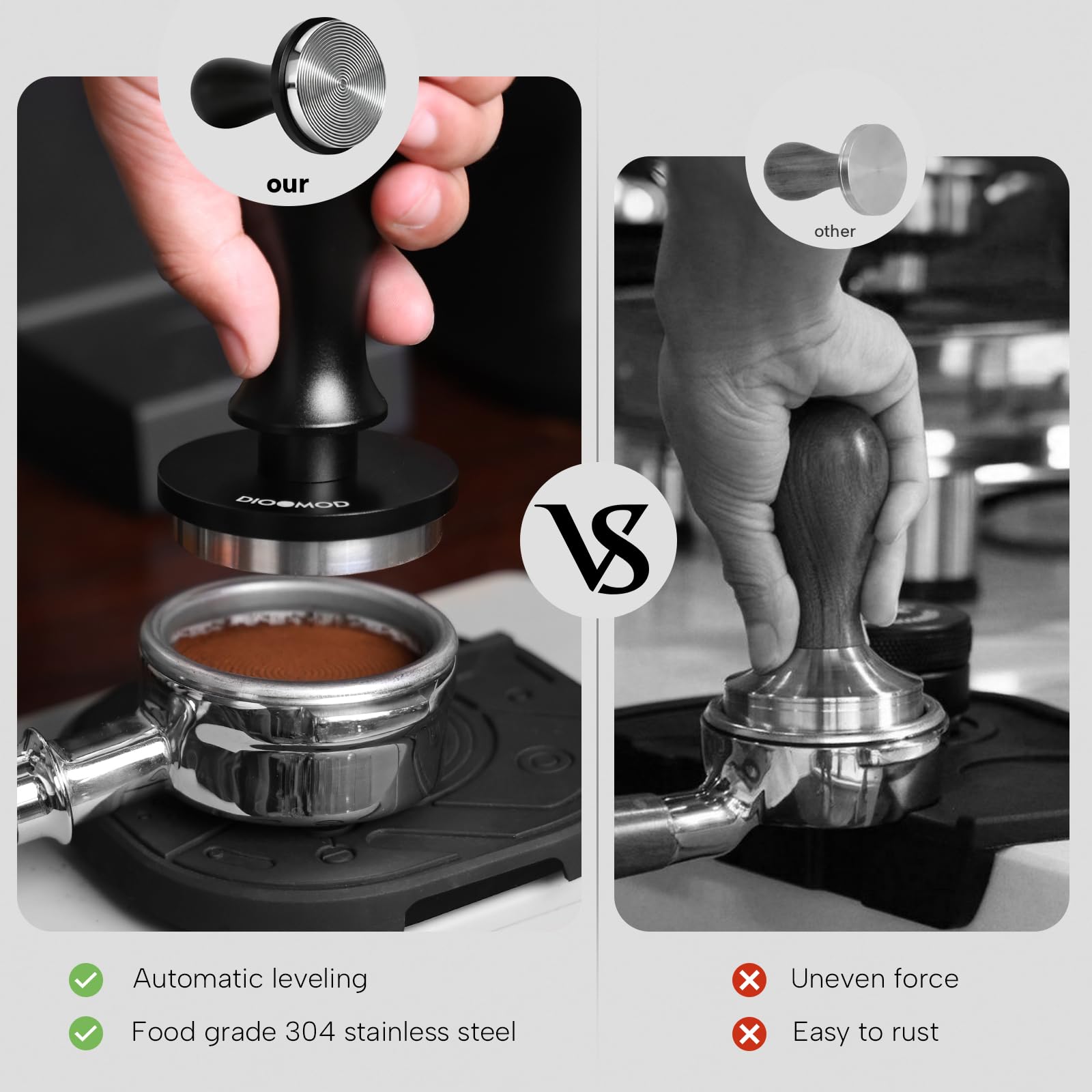 Dioomod tamper in portafilter basket demonstrating compatibility with Breville Sage