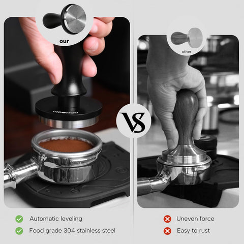 Dioomod tamper in portafilter basket demonstrating compatibility with Breville Sage
