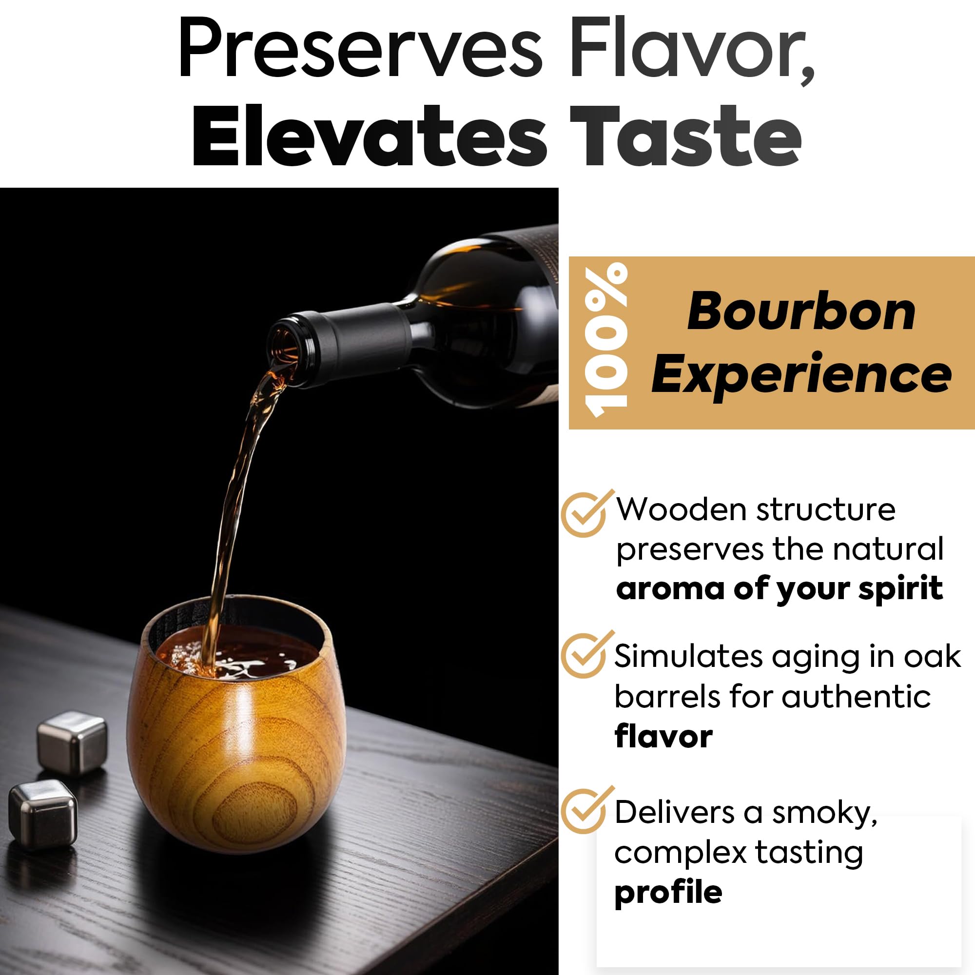 Diosdio charred wood bourbon glass close-up wood texture shows natural grain detail