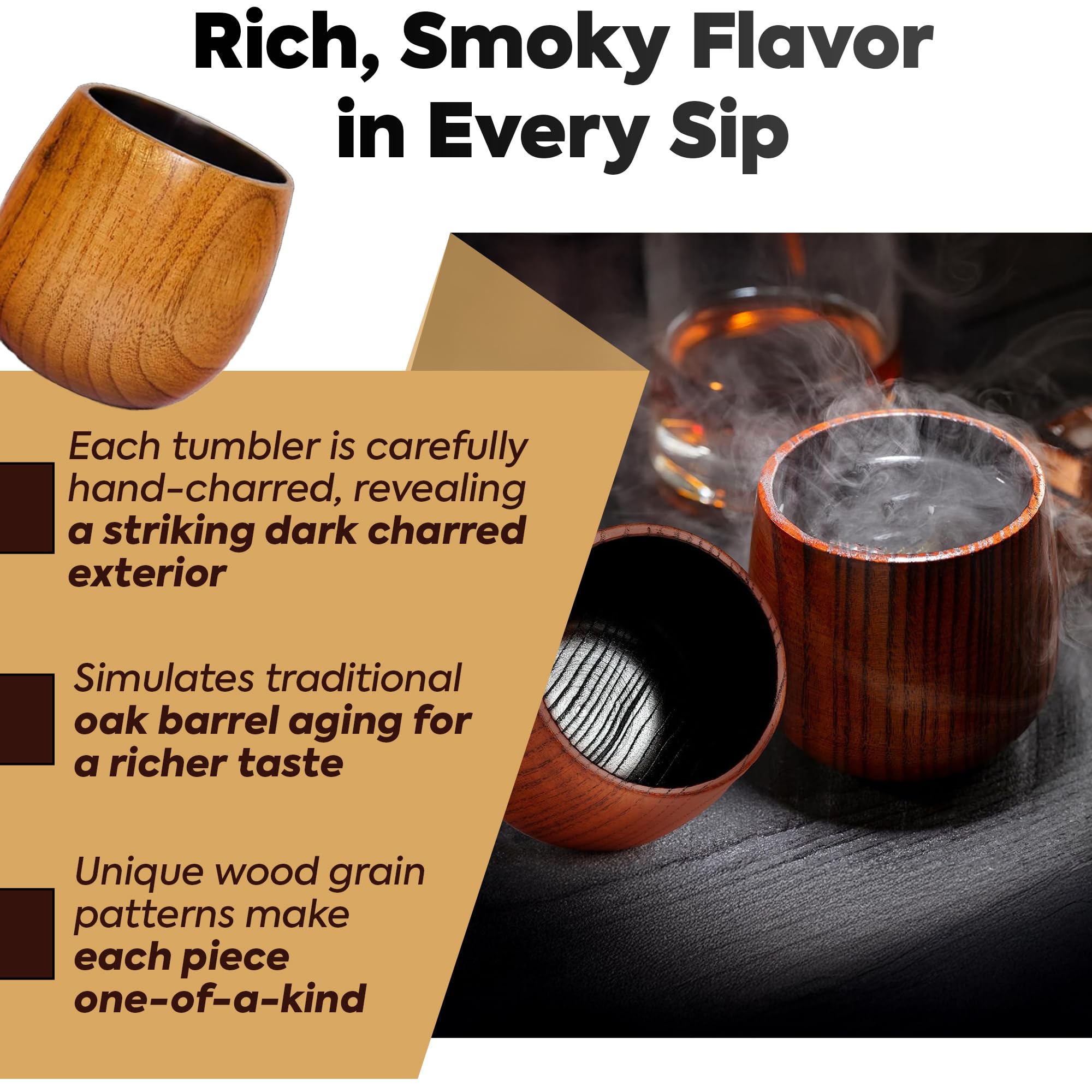 Diosdio charred wood bourbon glass packaging with stones signals gift-ready presentation