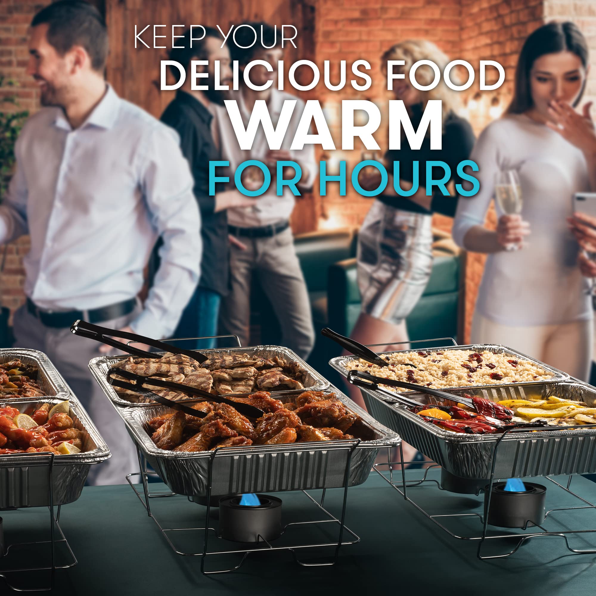 Diplastible gel heating cans provide consistent heat for servings.