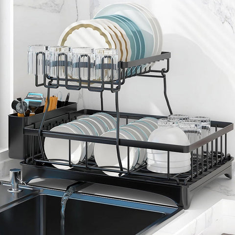 Dish-drying-rack bottom tier organizes plates for efficient drying.