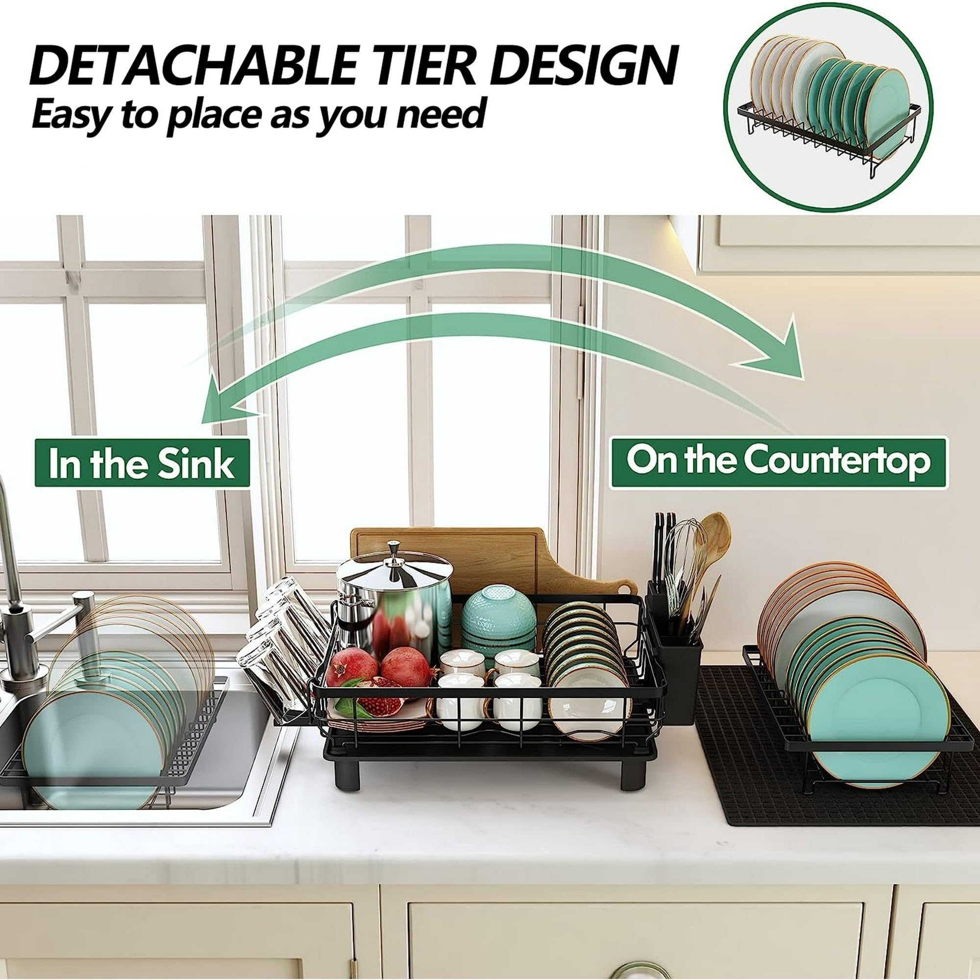 Dish-drying-rack keeps utensils organized and ready for cooking tasks.