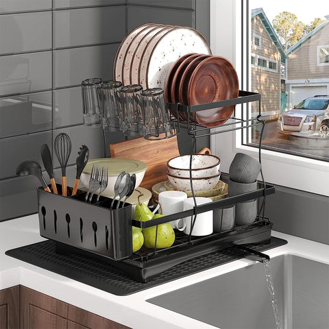 Dish-drying-rack top shelf holds cups for quick air-drying.
