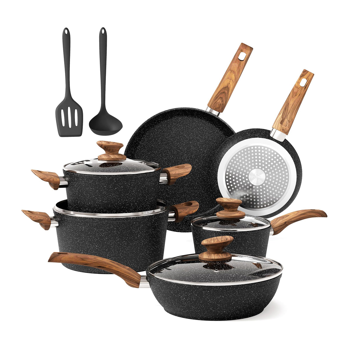 DishDelight induction pots and pans set on stove, showcasing even heating.