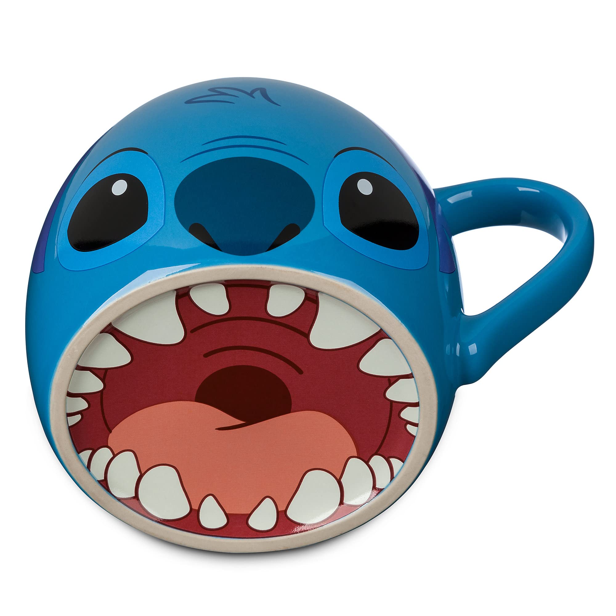 Disney Store Stitch mug back design highlights Stitch's mouth, ideal for conversation-starting hot beverages.