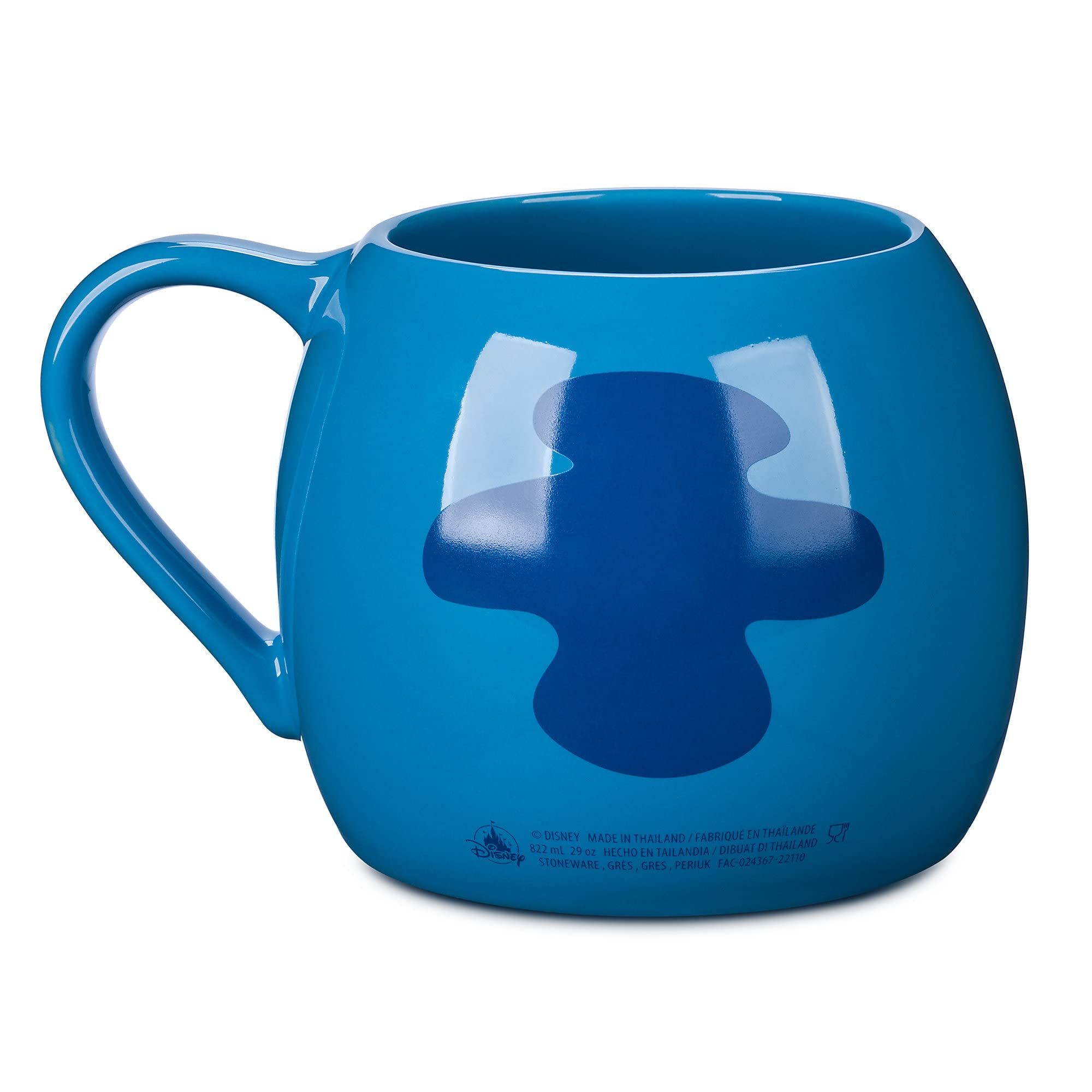 Disney Store Stitch mug bamboo handle closeup emphasizes ergonomic grip for busy mornings.