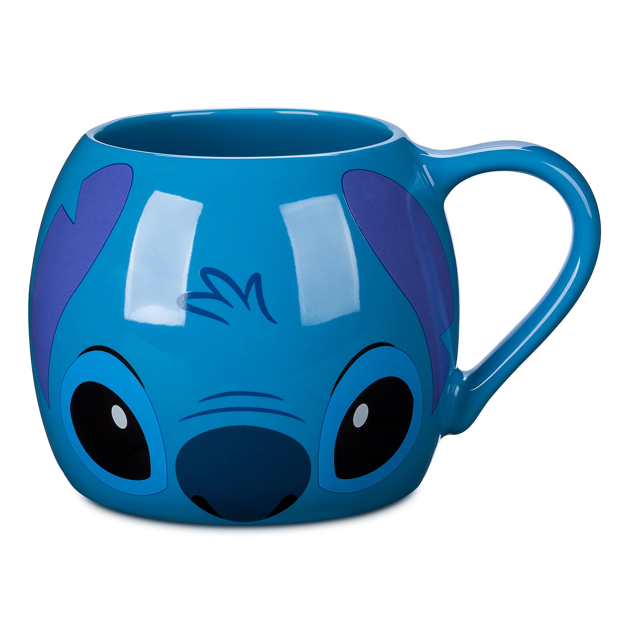 Disney Store Stitch mug front design showcases Stitch's playful face for a cheerful morning ritual.