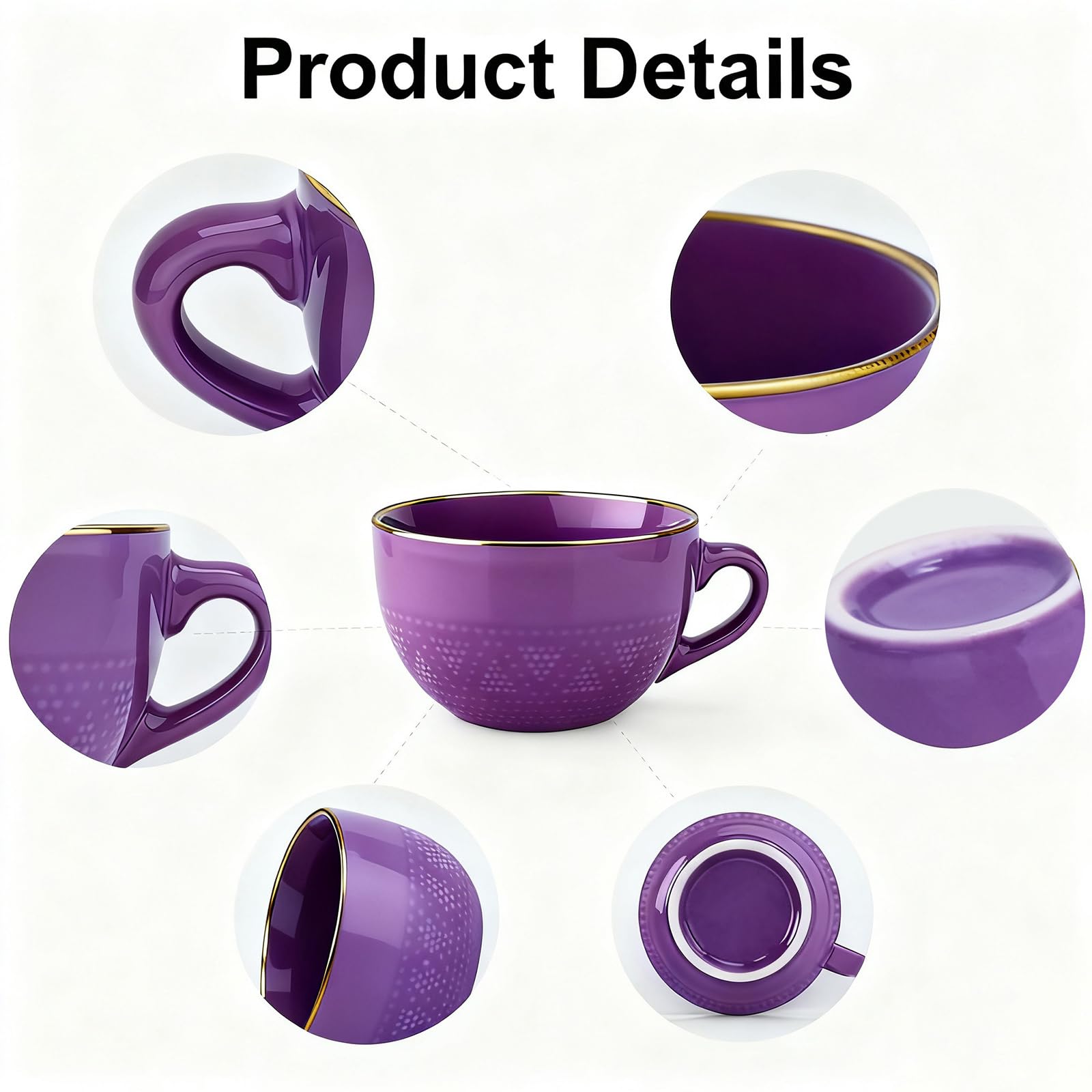 Disoza Violet porcelain mug with handle adds comfortable grip for tea.