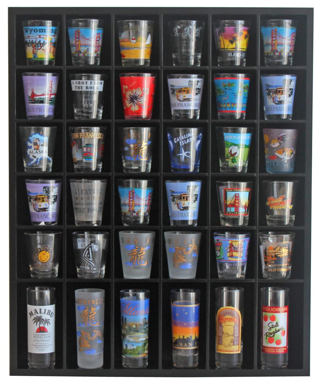 DisplayGifts black shot glass display case front view with 36 slots for organized display