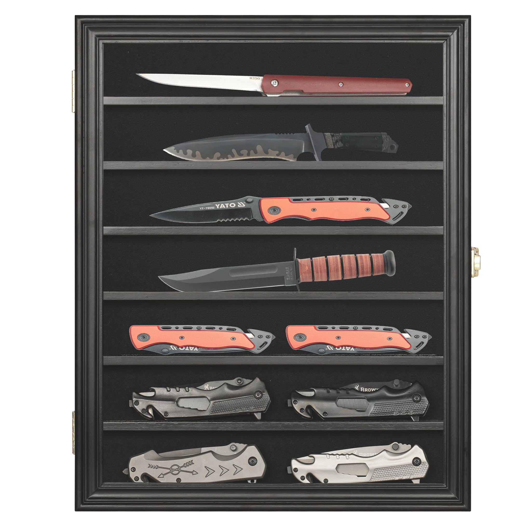 DisplayGifts black finish wood cabinet with lock for security.