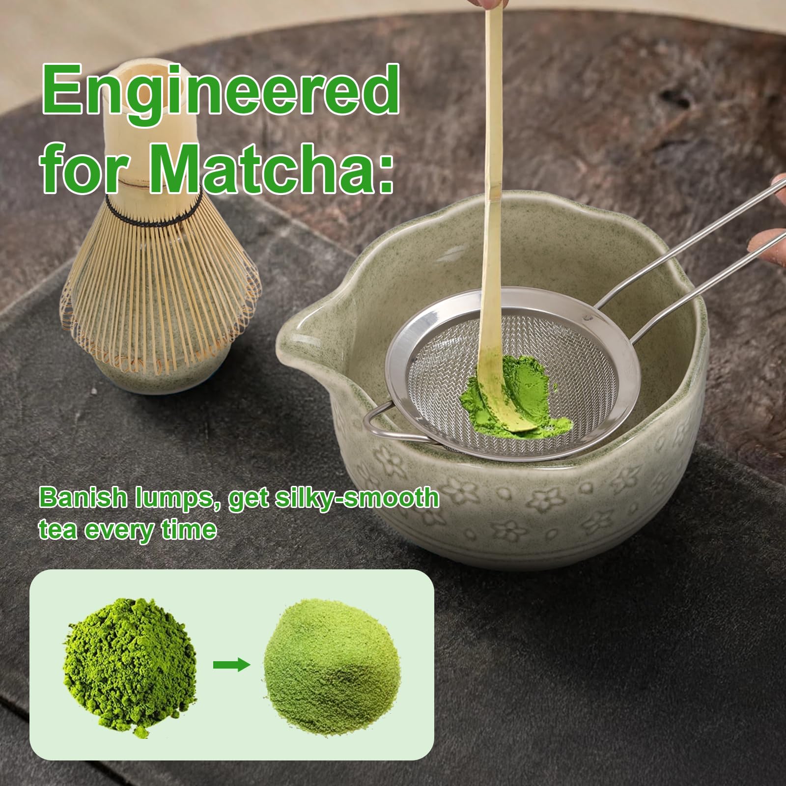 DITHIN 76-prong bamboo whisk close-up highlighting smooth foam creation.