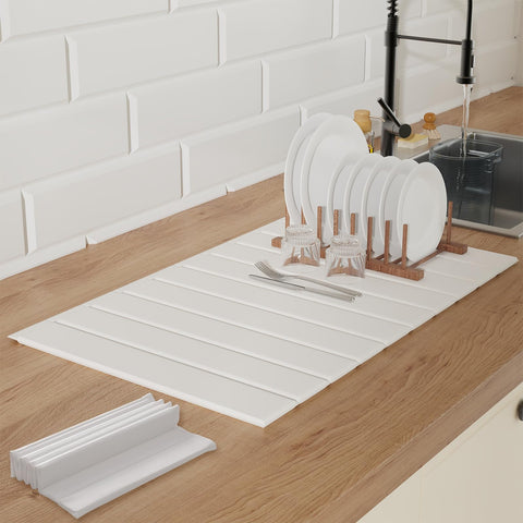 Ditother dish drying mat with stone-core design dries quickly and protects countertops.