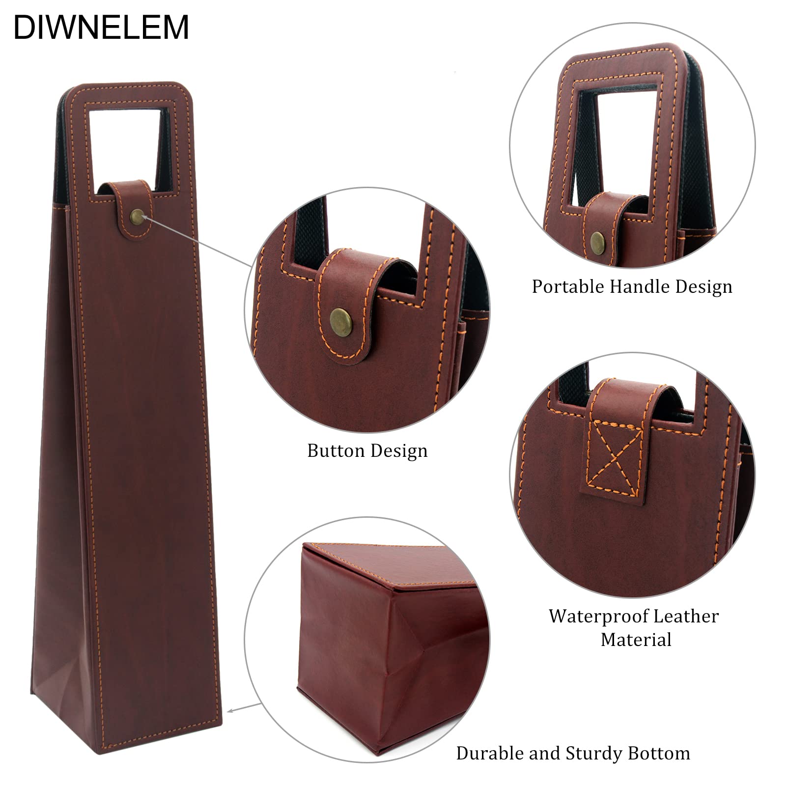 DIWNELEM leather wine bag closeup texture showcases durable, reusable design.