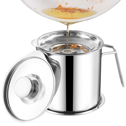 DIY HOME bacon grease container in full view showing stainless steel body