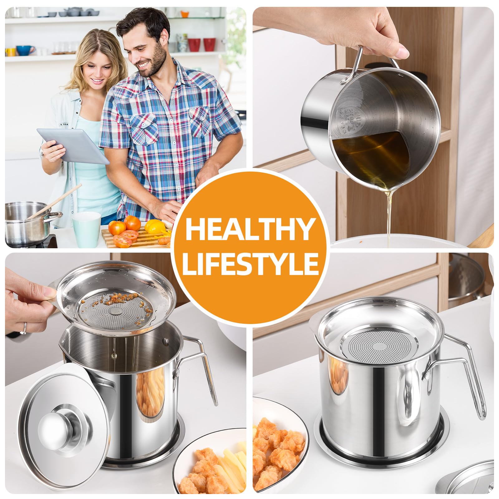 DIY HOME bacon grease container with fine mesh strainer filtration