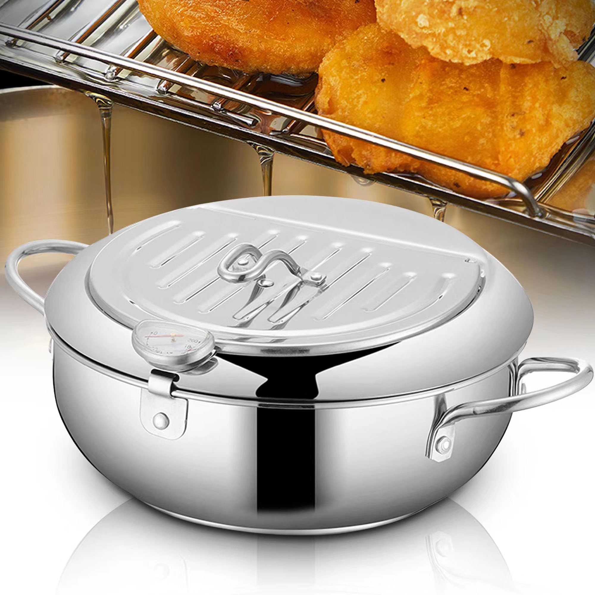 DIY HOME Deep Fryer Pot thermometer in action for precise frying temperatures.