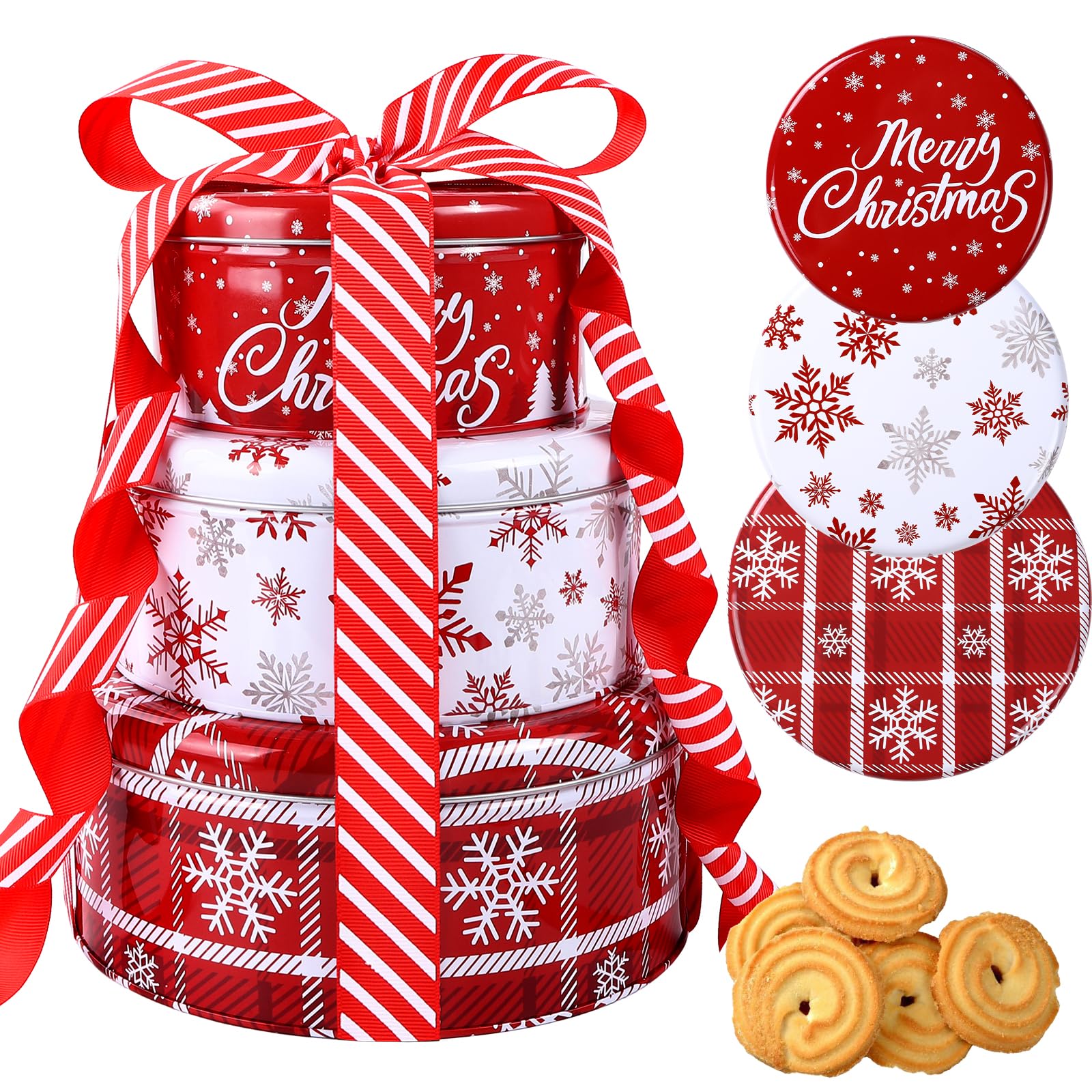 DIYDEC 3-pack Christmas cookie tins with lids in large, medium, and small sizes for gifting cookies.