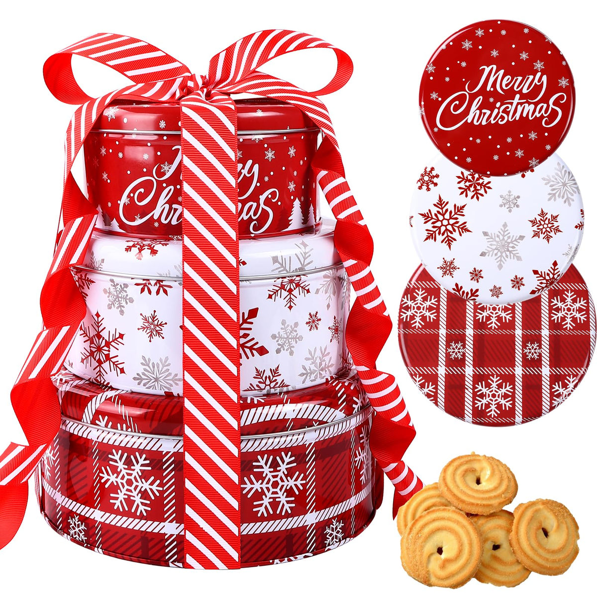 DIYDEC 3-pack Christmas cookie tins with lids in large, medium, and small sizes for gifting cookies.