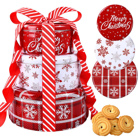 DIYDEC 3-pack Christmas cookie tins with lids in large, medium, and small sizes for gifting cookies.