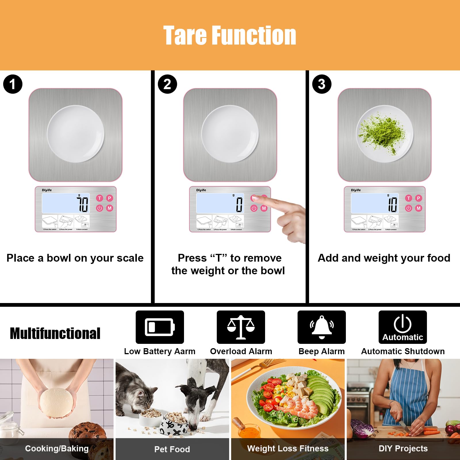 Diyife detachable display aids reading while weighing bulky ingredients.