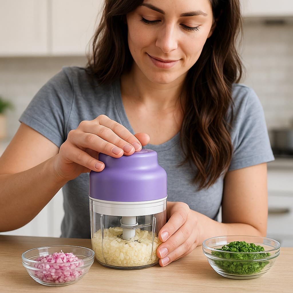 DIYOHFE six-blade stainless chopper smooths garlic, onions, and nuts in seconds.