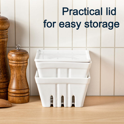 Premium porcelain berry baskets resist stains and odors during daily use.