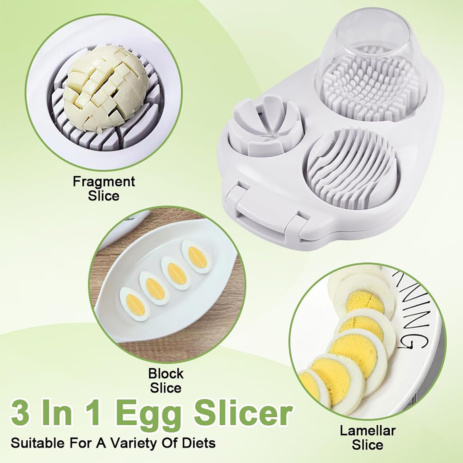 DJBNT egg slicer close-up showing modes for precise slices, wedges, and dices.