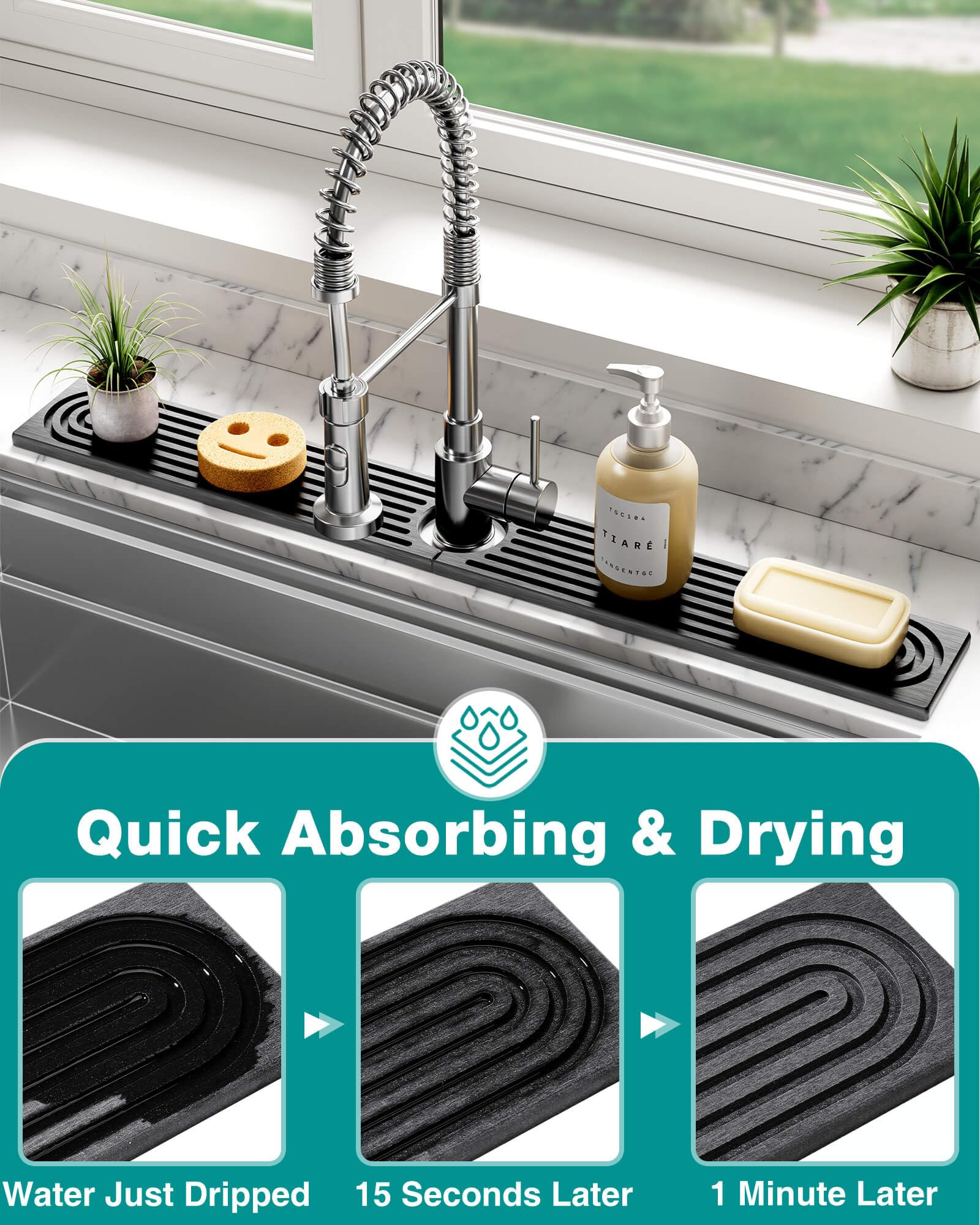 DK177 mat's diatomite texture absorbs moisture quickly for drier counters