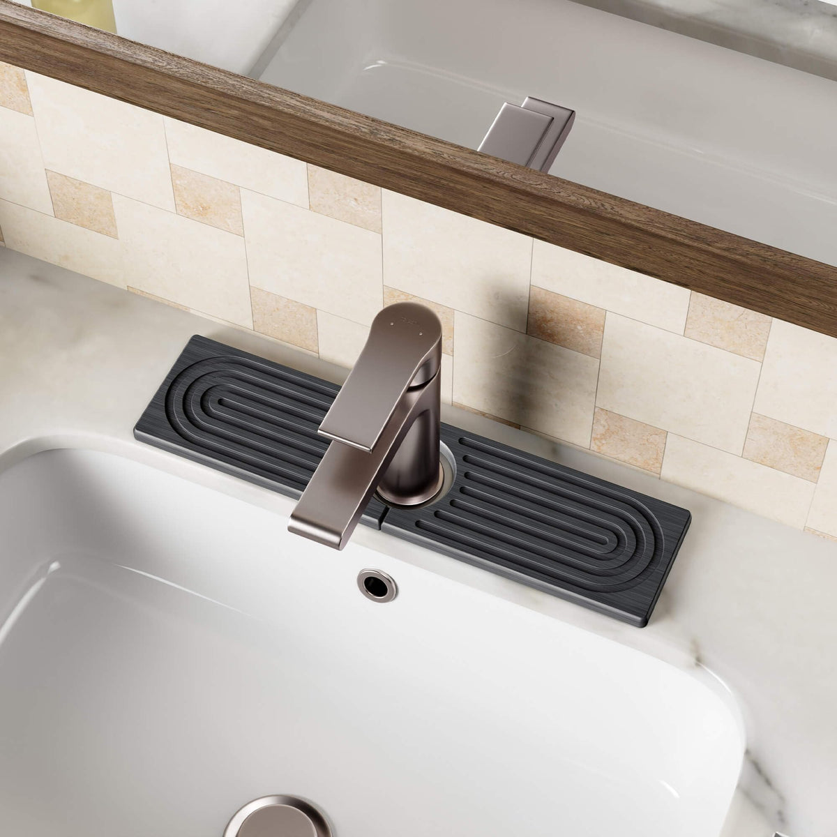 DK177 Stone Faucet Mat in dark gray, front view protecting sink from splashes and showing compact footprint