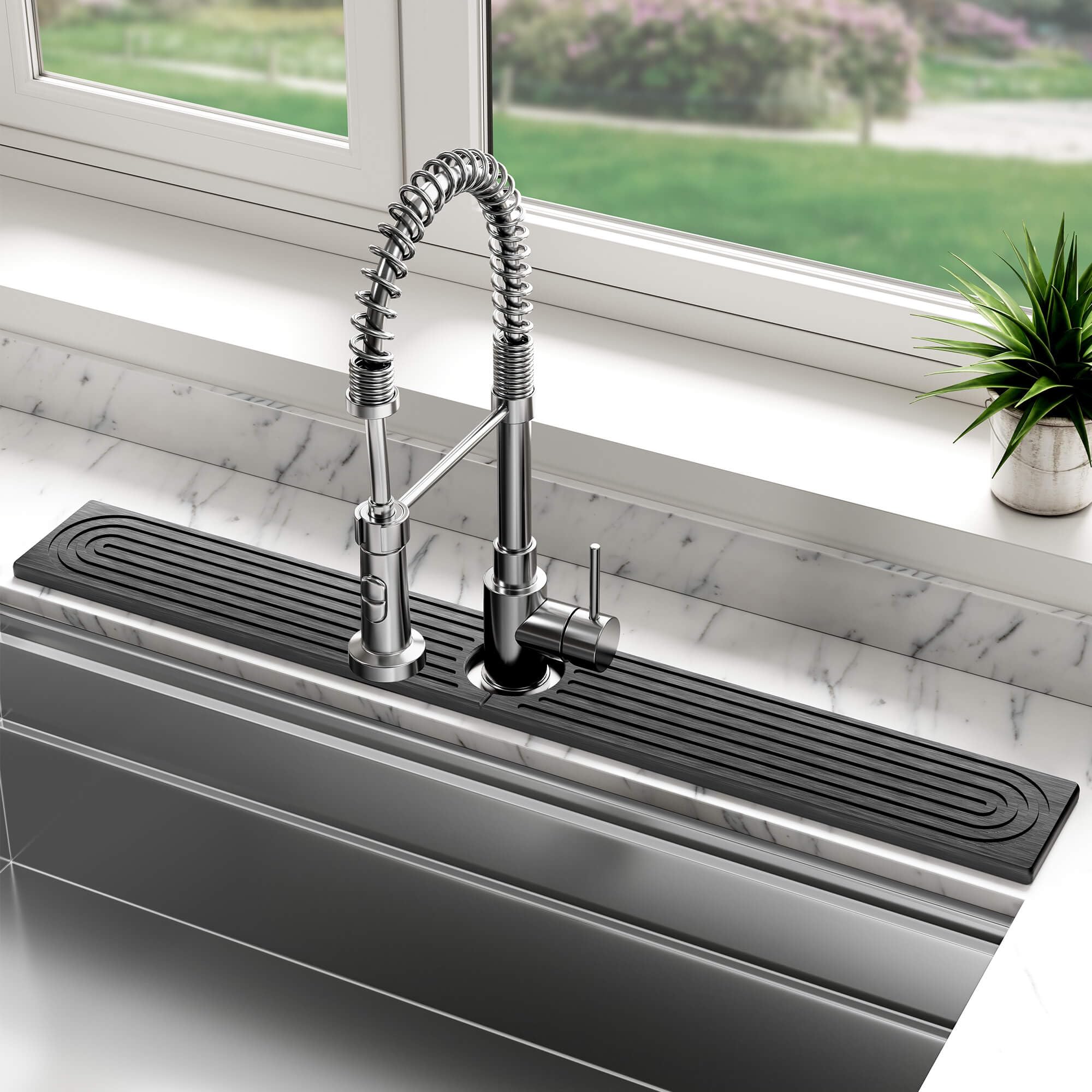 DK177 stone faucet mat dark gray on sink, protects counters and dries quickly.