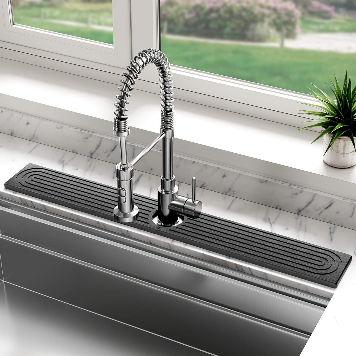 DK177 stone faucet mat dark gray on sink, protects counters and dries quickly.