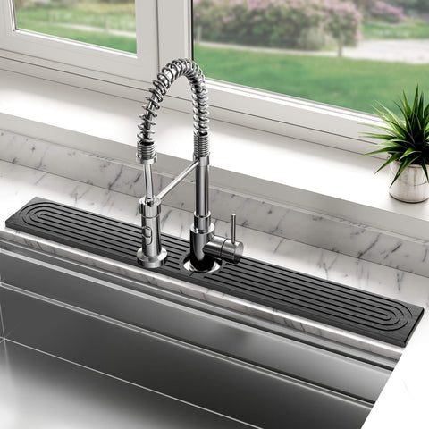 DK177 stone faucet mat dark gray on sink, protects counters and dries quickly.