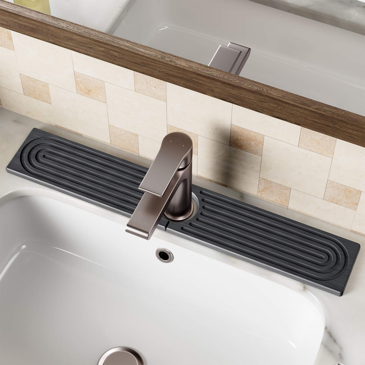 DK177 stone faucet mat on kitchen sink dries water quickly and protects surfaces.