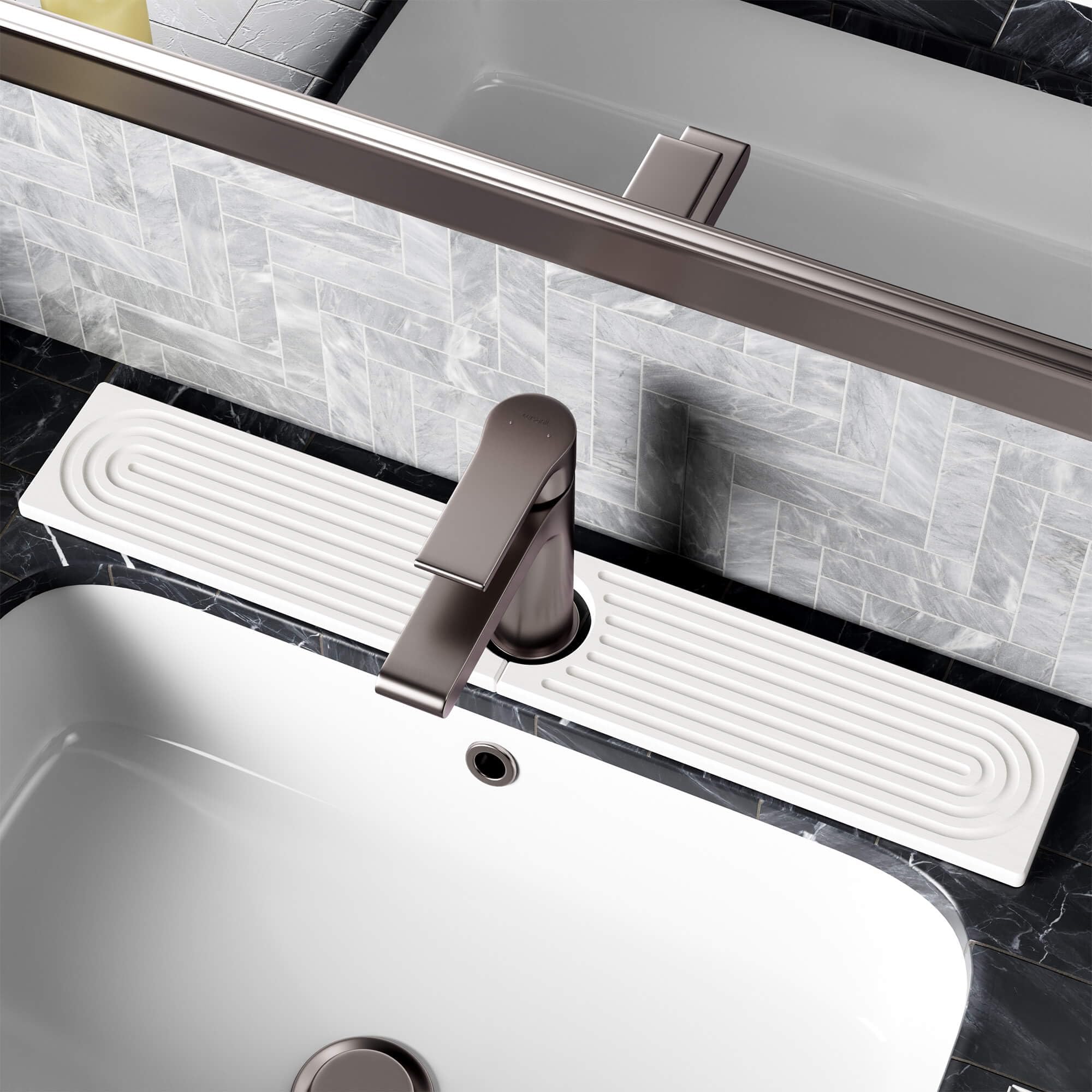 DK177 Stone Faucet Mat on kitchen counter shows moisture protection and quick drying.