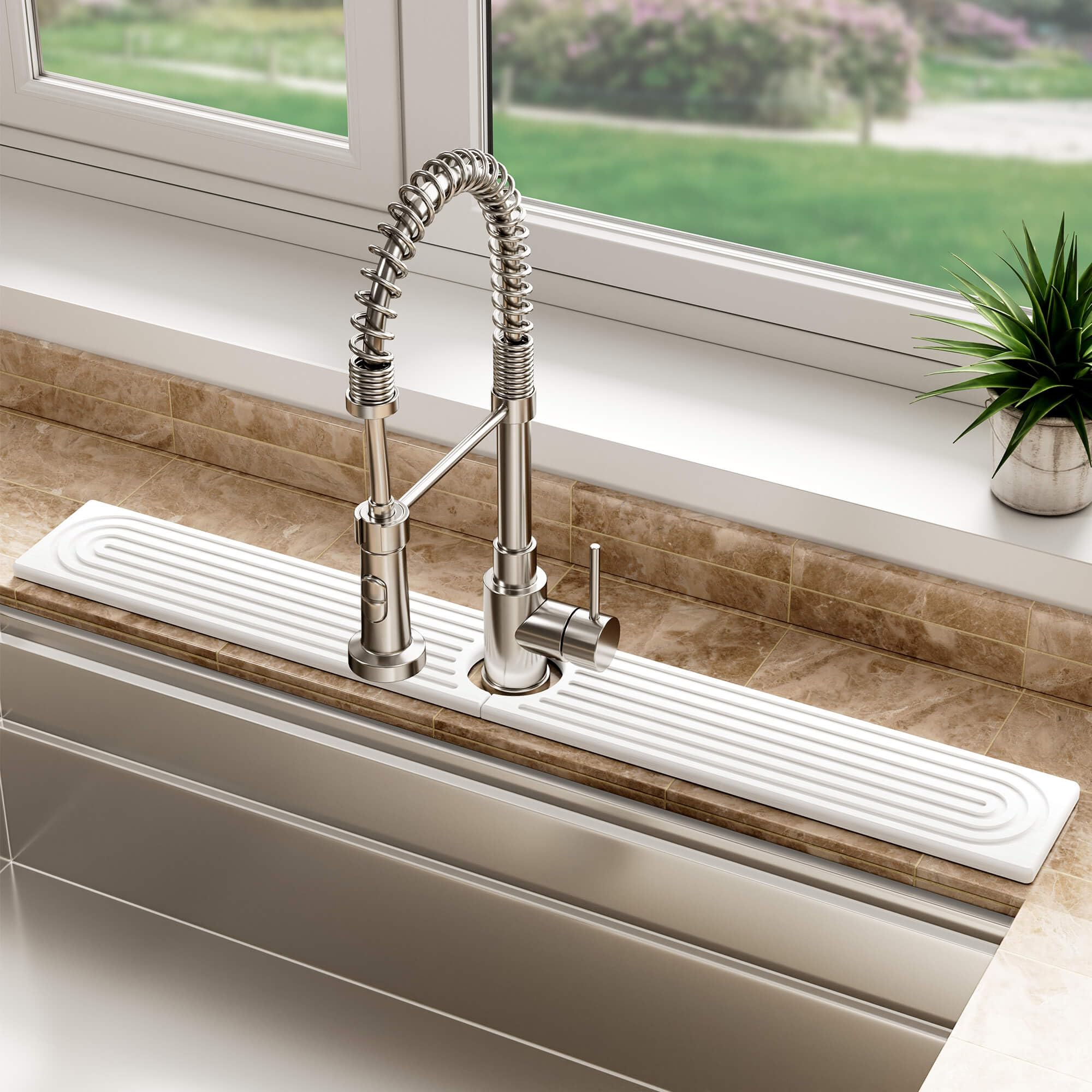 DK177 Stone Faucet Mat on the kitchen sink protects counters from splashes