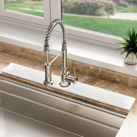 DK177 Stone Faucet Mat on the kitchen sink protects counters from splashes