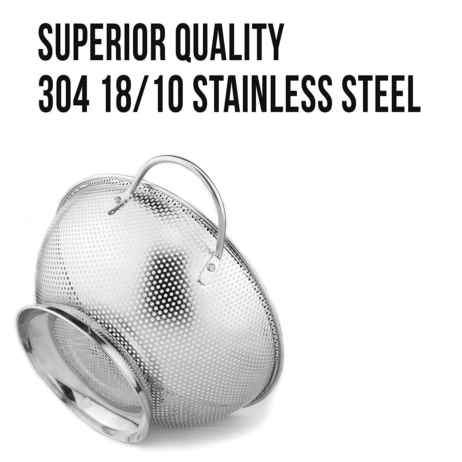 DLD colander with heavy-duty handles for secure grip and stability.