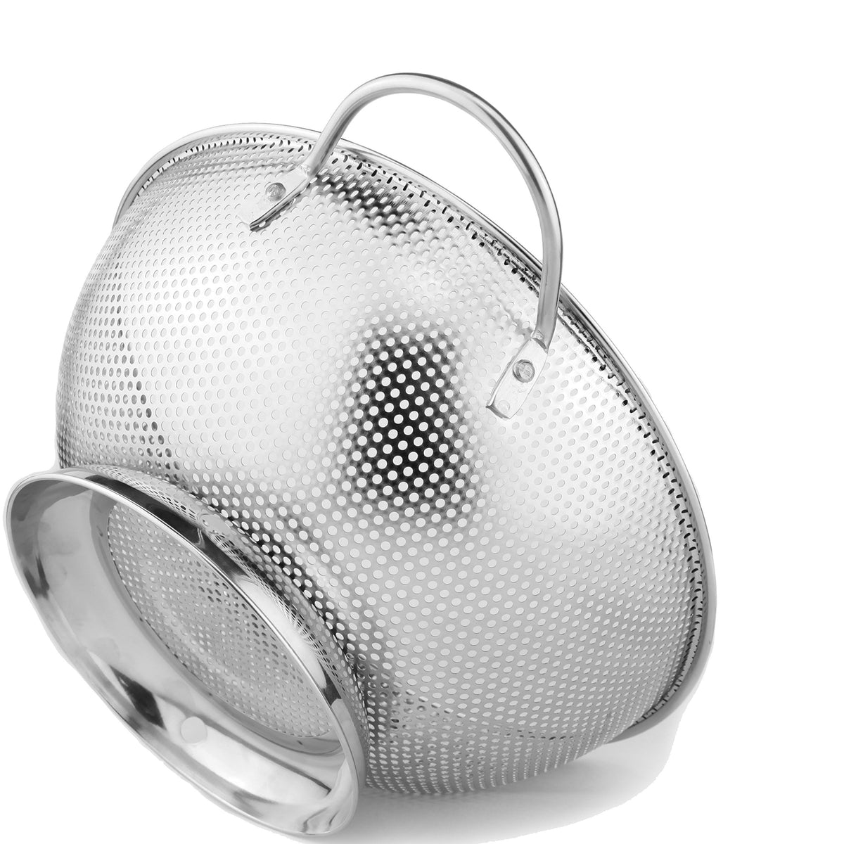 DLD stainless steel colander with heavy handles and micro-perforations for fast drainage.
