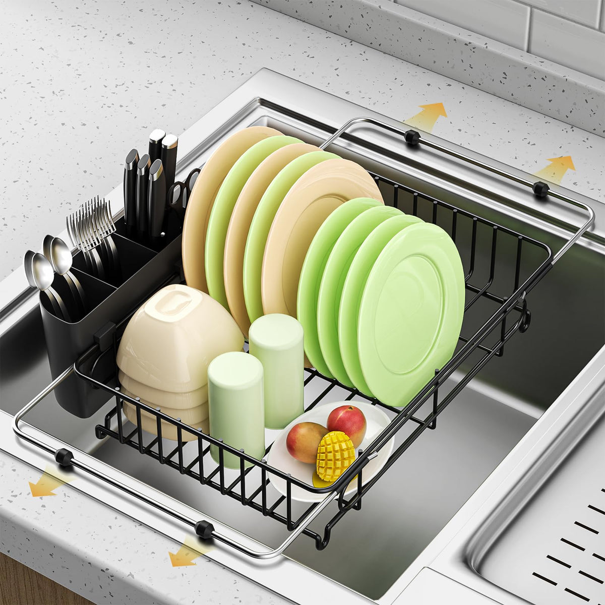 DLDSHI expandable dish drying rack over sink showcases space-saving drying and direct drainage