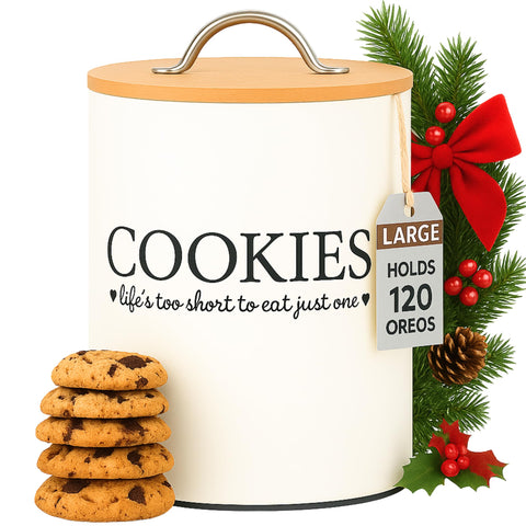 Image of D'Lifeful cookie jar with airtight bamboo lid, designed to keep cookies fresh.