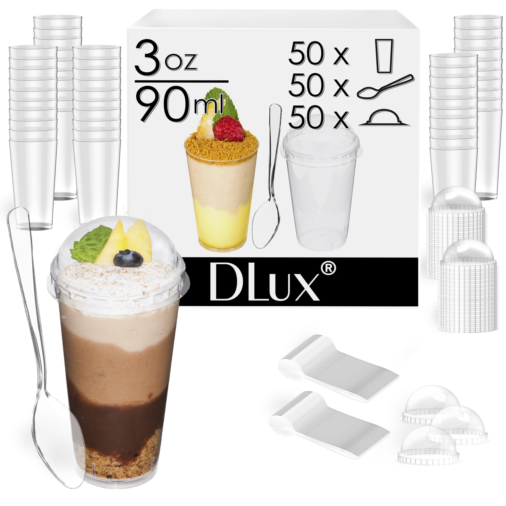 DLux clear plastic parfait cups showcase hors d'oeuvres with crystal-clear elegance.