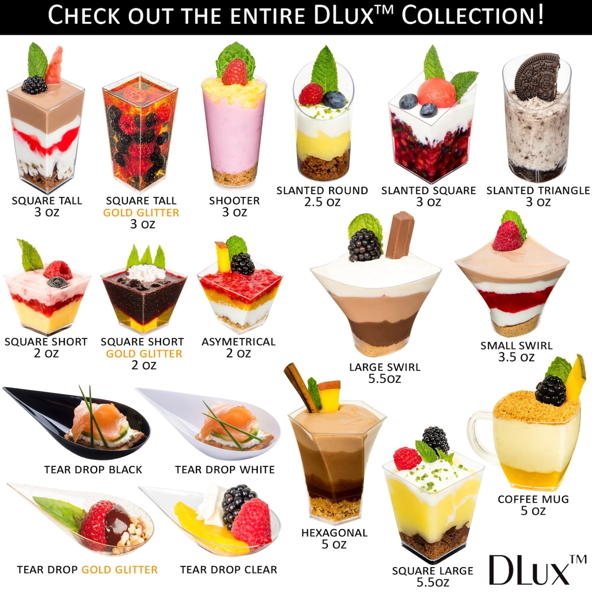 DLux mini spoons included for easy serving.