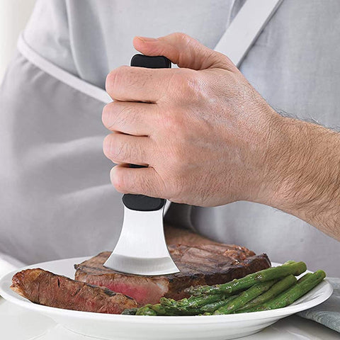 DMI rocker knife vertical grip enhances control and reduces hand strain during chopping.