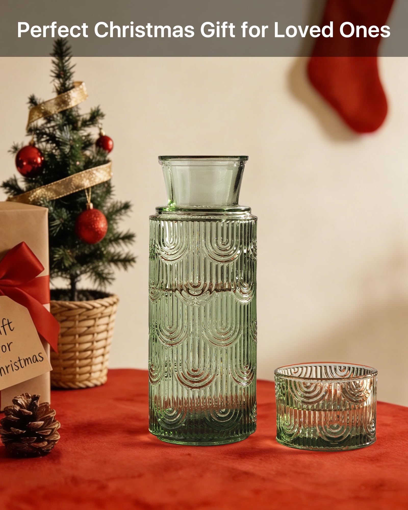 DmmyAlzx glass water pitcher with lid closeup in green, showcasing dust-free storage