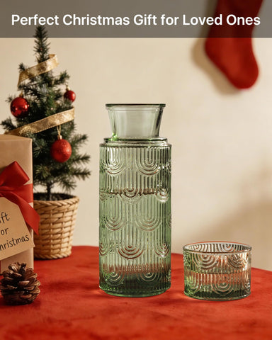 DmmyAlzx glass water pitcher with lid closeup in green, showcasing dust-free storage