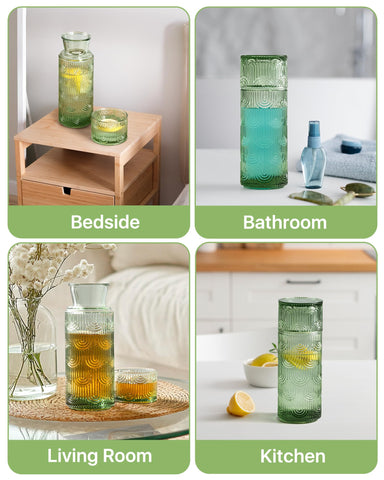 DmmyAlzx green glass carafe fits compact kitchen or bath
