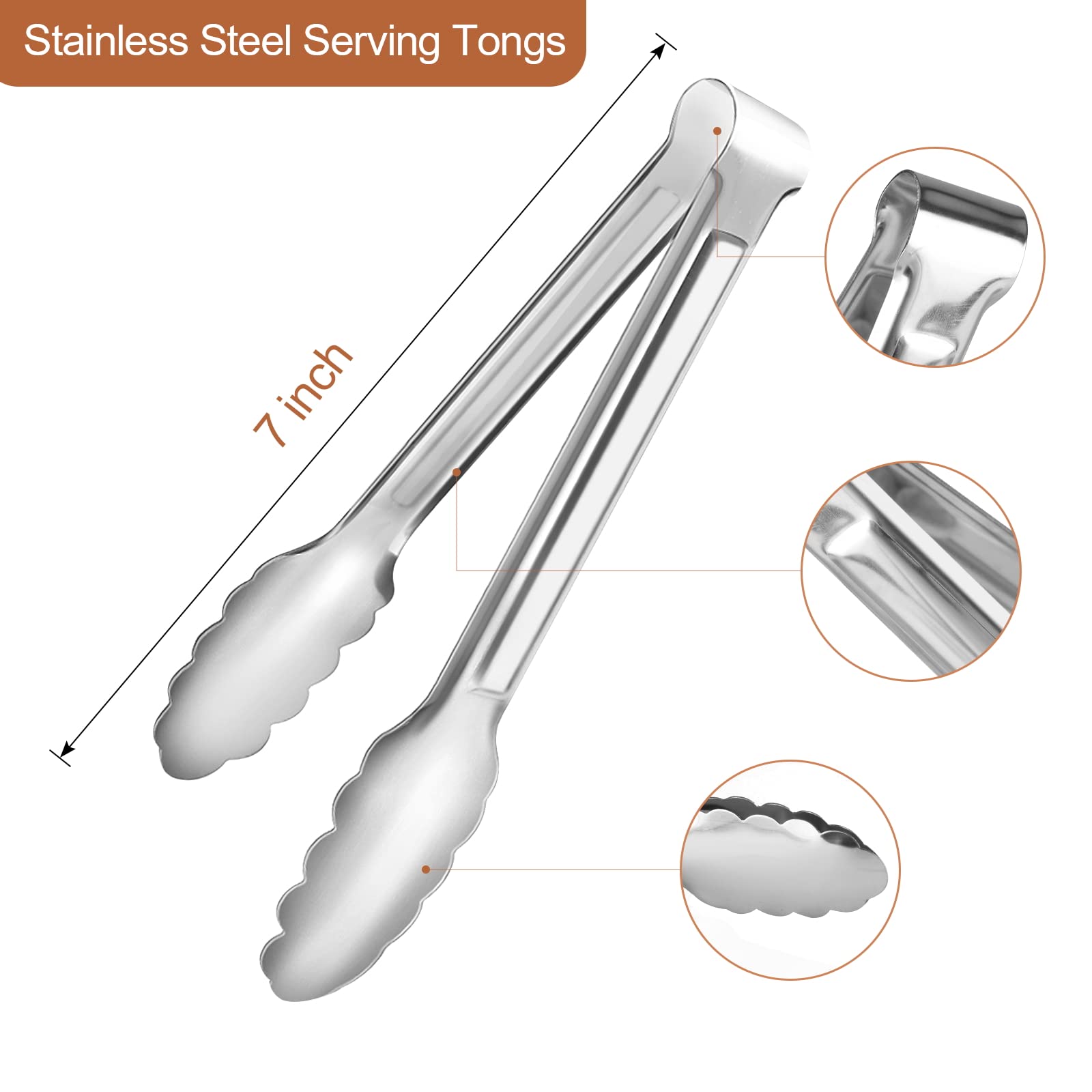 Dmoera 7-inch stainless steel tongs, durable and rust resistant for everyday use.