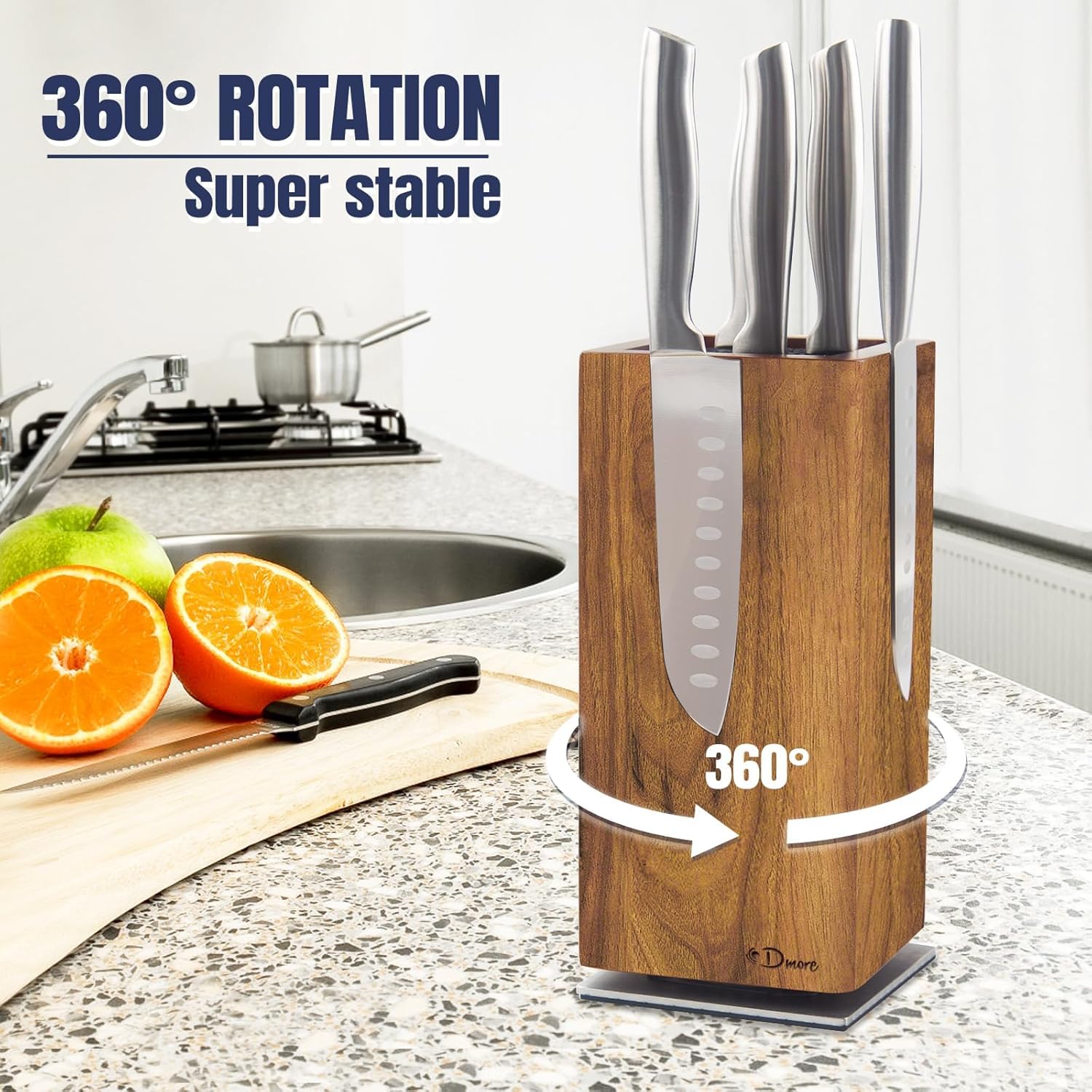 Dmore knife block rotated 360 degrees for easy access to knives.